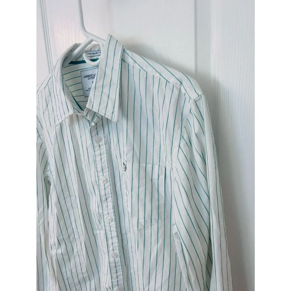 American Eagle Outfitters Men’s White Button-Up Shirt with Green Stripe!